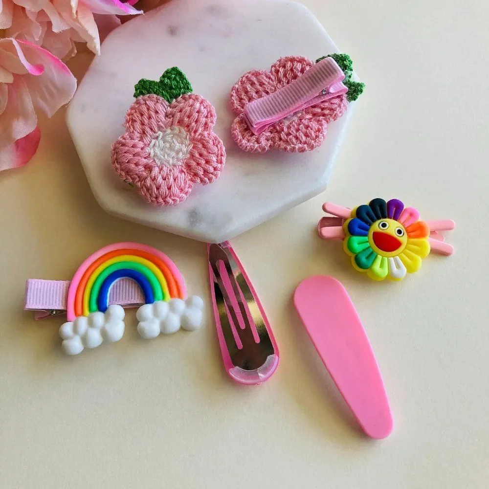Set of 6 Knit Flower Hair Clip, Pink Snap Clips for Girls & Toddler Barrettes